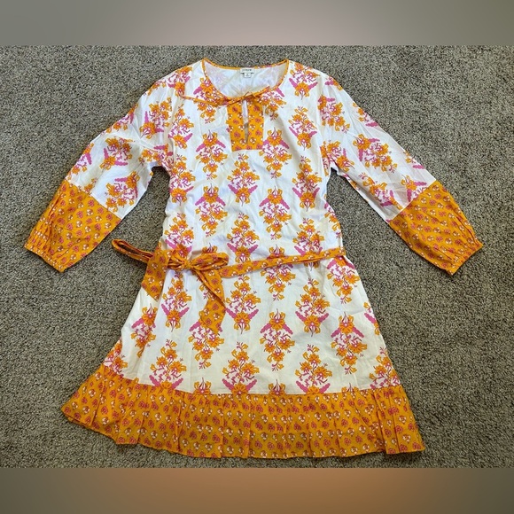 J.Crew Long Sleeve Block Print Floral Dress Orange India Cotton Tunic Med Pink - Picture 2 of 11